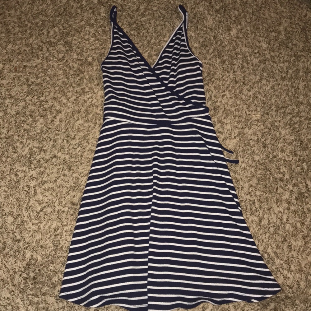 Blue and white striped wrap style dress.